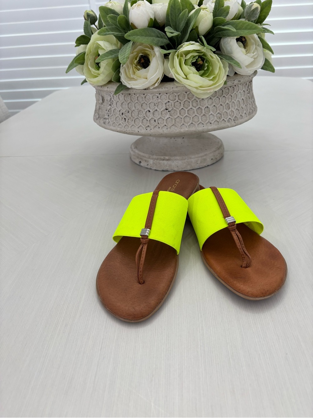 Andre Assous Neon Yellow and Brown Slide Sandals